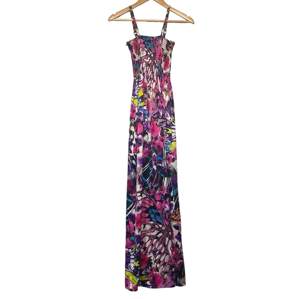 Cache Y2K Silk Butterfly Floral Maxi Dress XS Smocked Slip Resort Boho Vacation